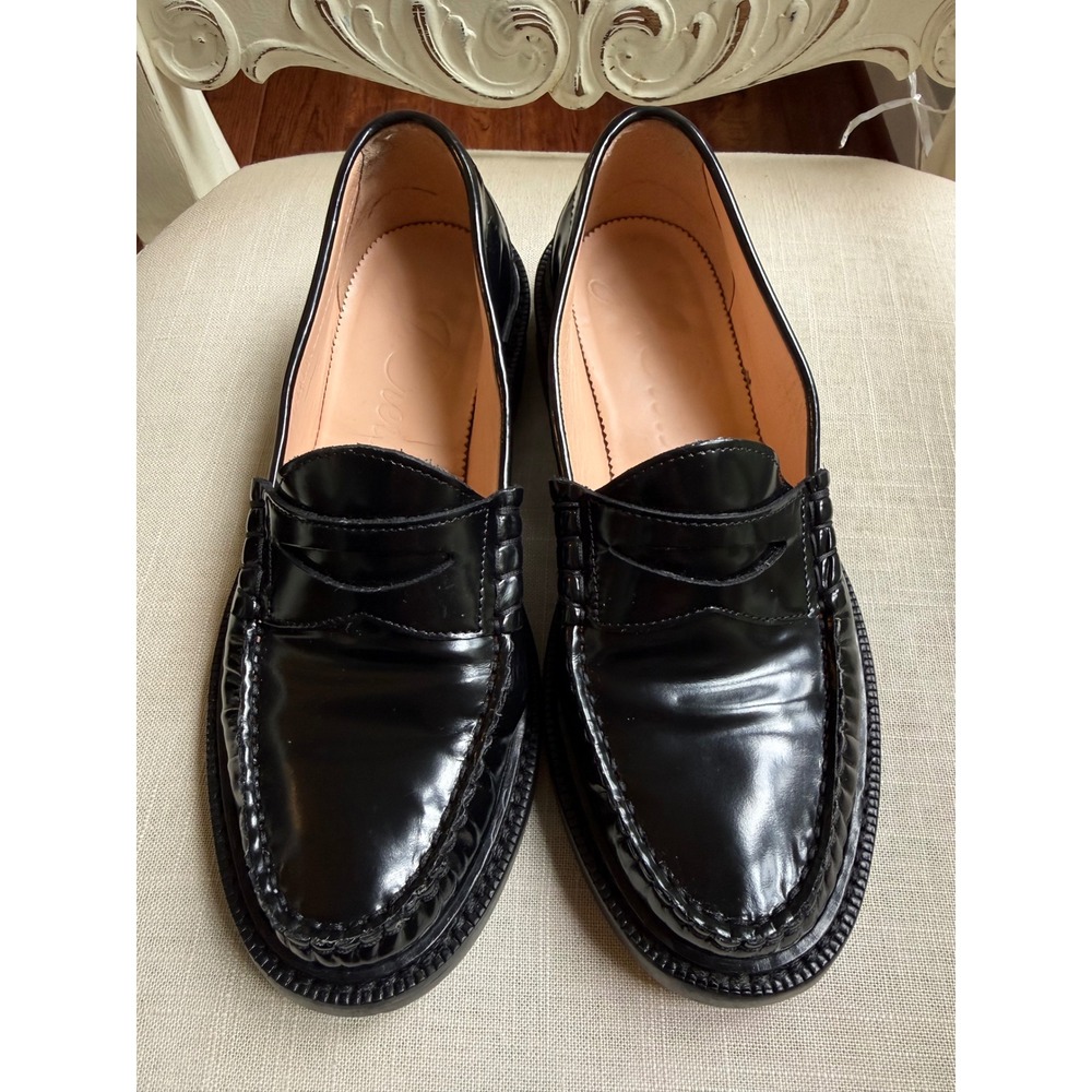 J.Crew Black Leather Penny Loafers Women 7.5 Lug Sole Preppy academia BK482